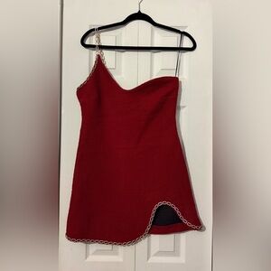 Zara Red One-Shoulder Mini Dress with Chain Trim